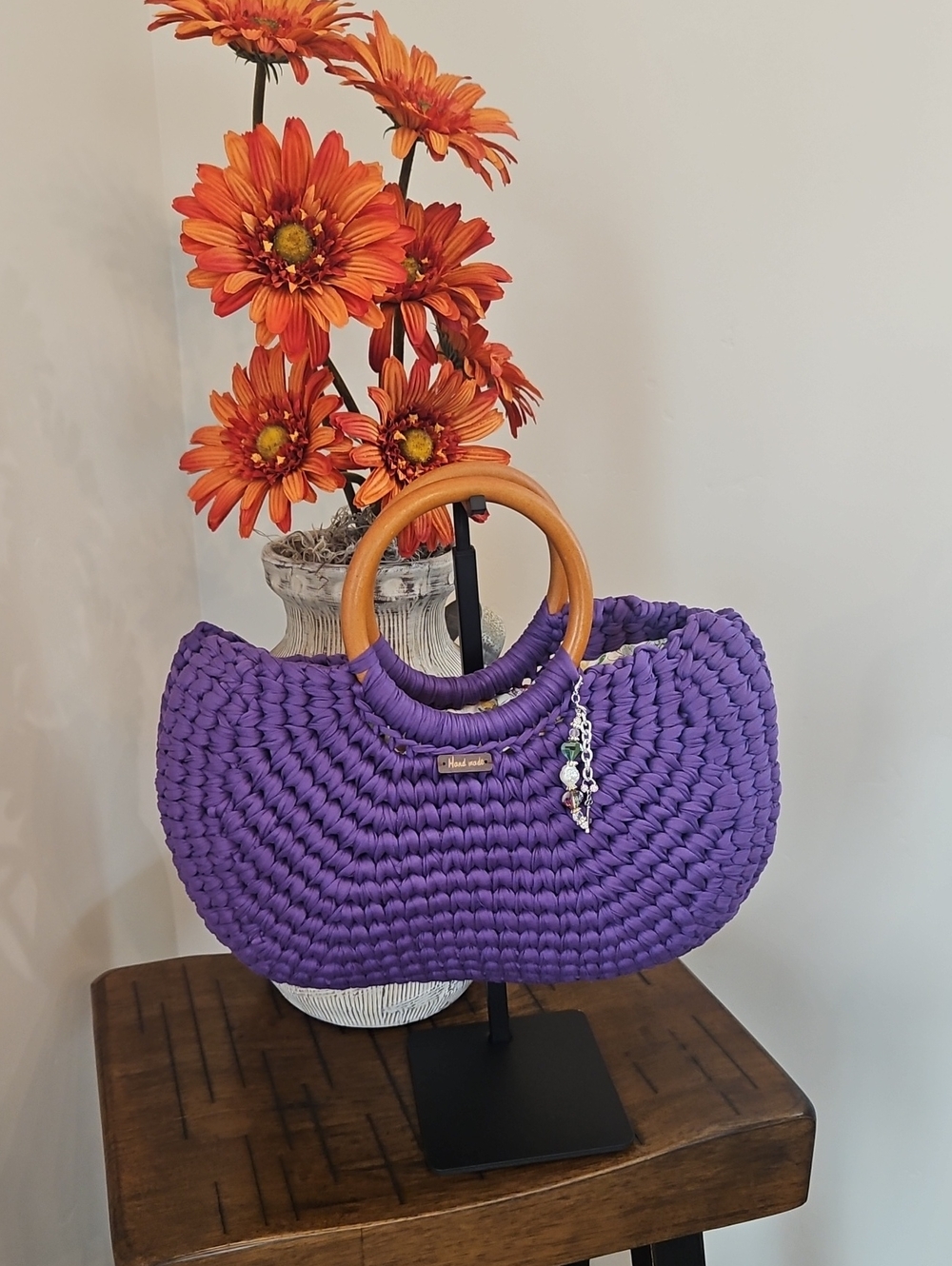 Hand Crochet Purple Tote with Wooden Handles - Picture 1 of 4
